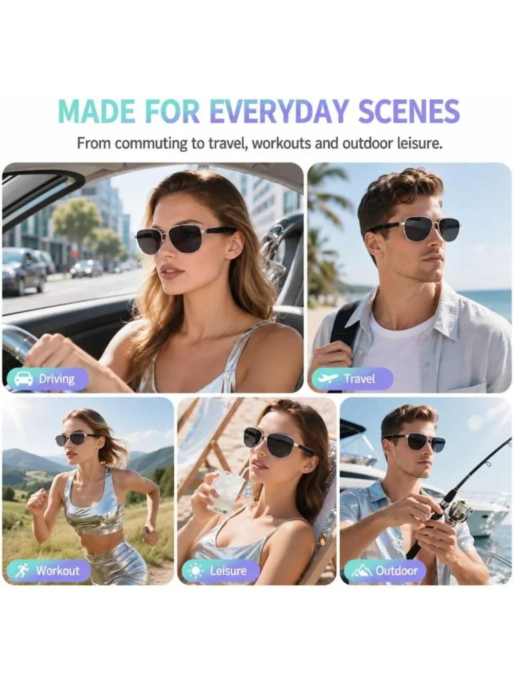 Stylish Bluetooth Audio Sunglasses with UV Protection, Anti-Blue Light Lenses